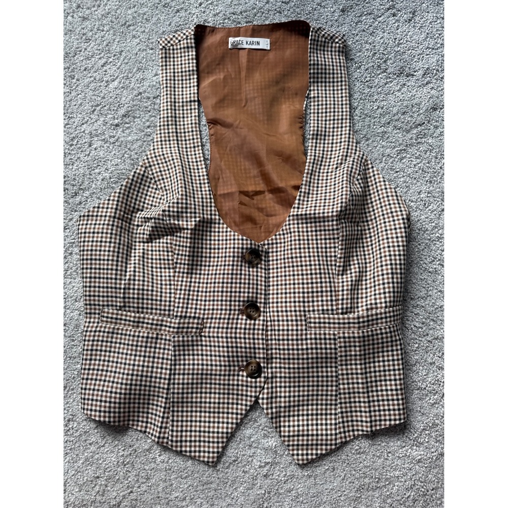 Grace Karin Women Plaid Tailored Vest Brown Gingham V-Neck Button Front Large